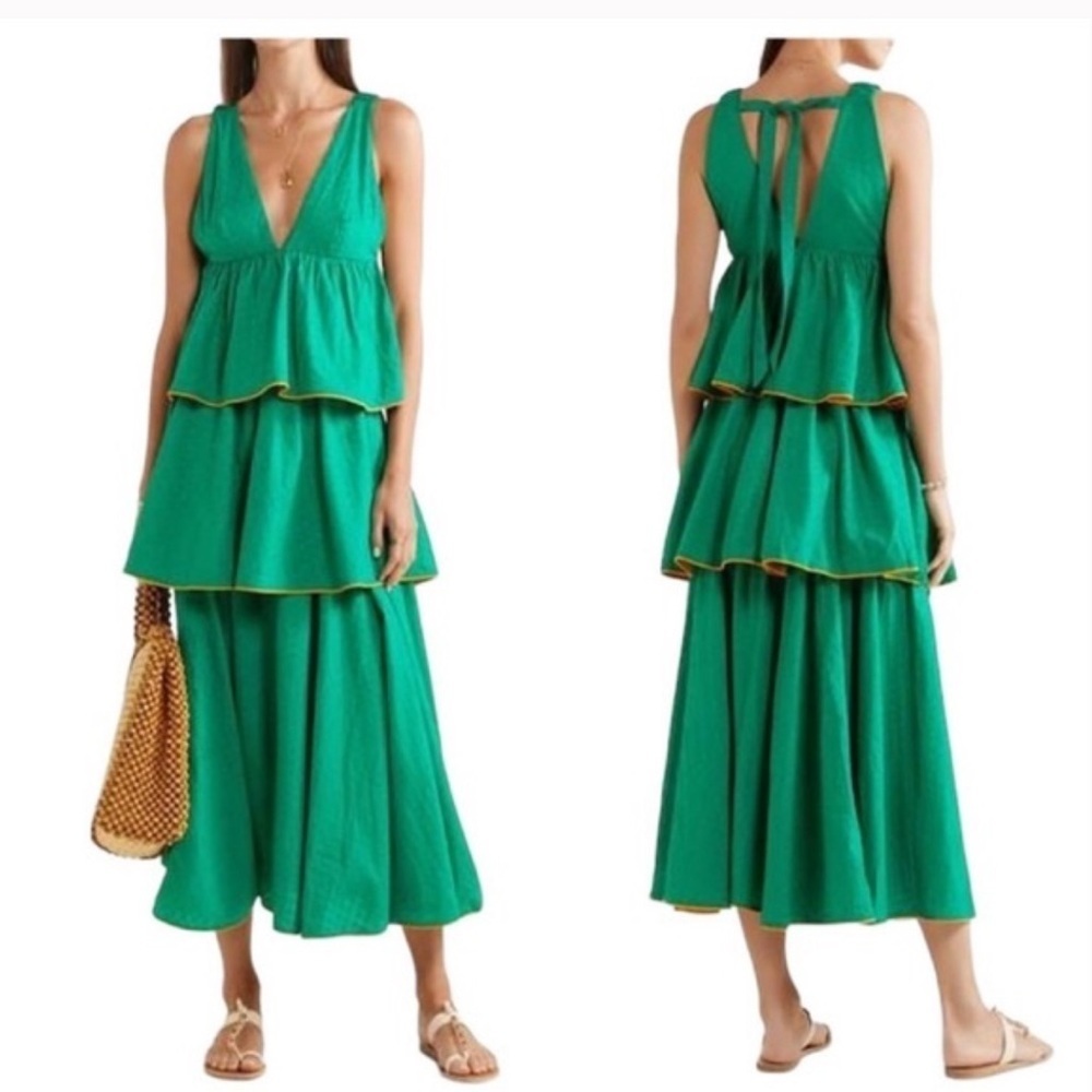 RHODE Leela Green Tiered Fil Coupe Cotton Maxi Dress